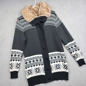 Seventh Avenue Cardigan Women L Black Faux Fur Collar Nordic Fair Isle Snowflake
